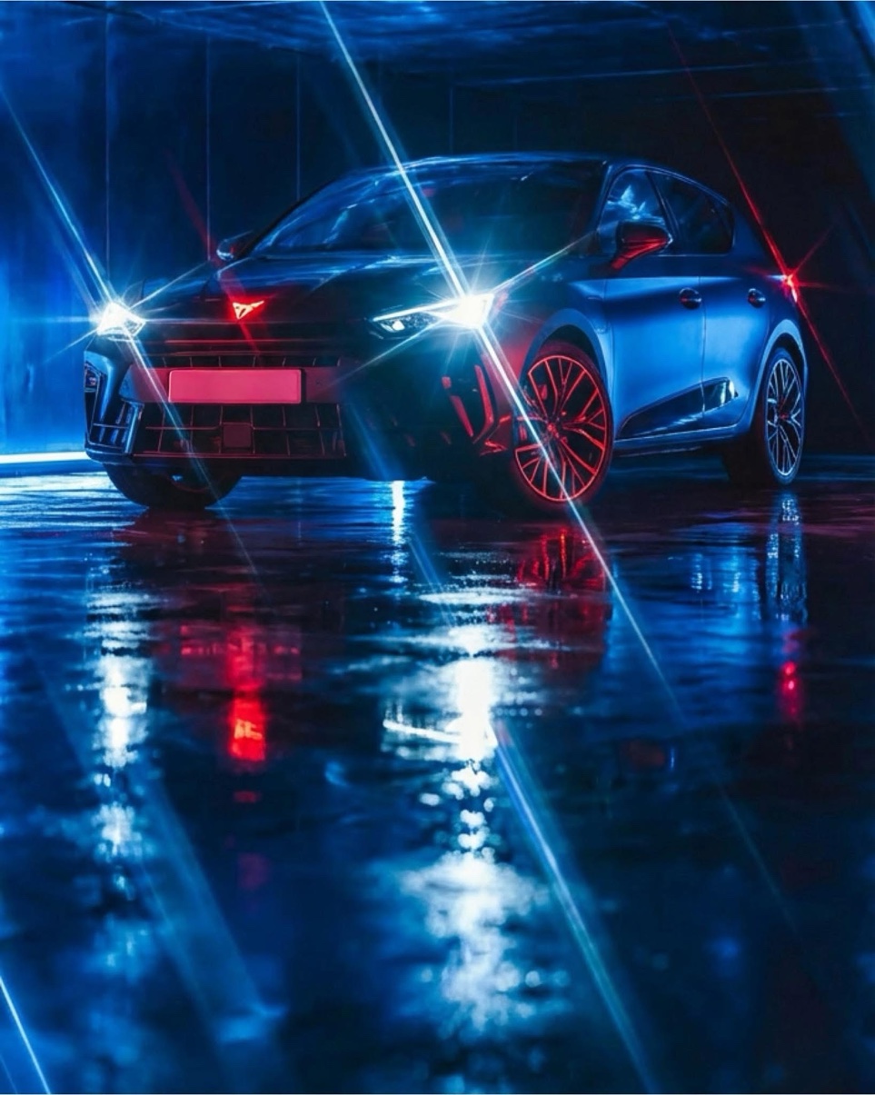 Cupra car photography front three quarter dramatic lighting